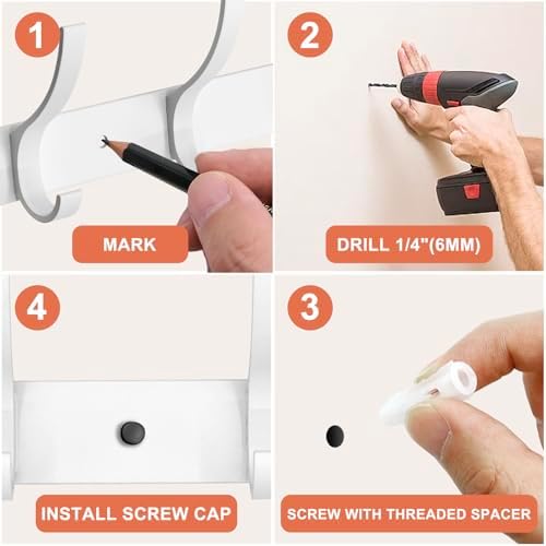 Coat Rack Wall Mounted,6 Coat Hooks for Hanging Coats,Heavy Duty Metal Double Hook Rack Hook Rail,Coat Rack with Hooks,Wall Mount Coat Hanger for Hat Towel Purse Robes (2 Pack White, 6 Hooks) - Image 6