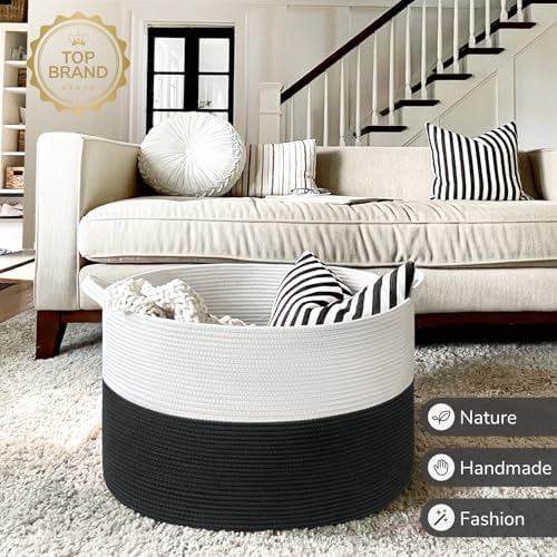 INDRESSME XXXLarge Woven Rope Blanket Basket Living Room White Black, 90L - Image 7