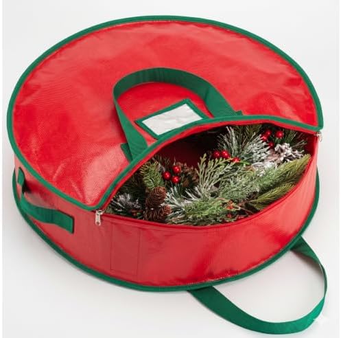 Handy Laundry Christmas Wreath Storage Bag 24 Inch – Durable Tarp Material Wreath Storage Container with Zipper & Sturdy Handles, Protects Holiday Decor from Dust & Pests, Fits Multiple Wreaths, Red by Handy+Laundry