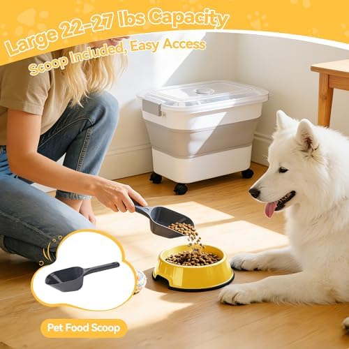Dog Food Storage Container 25-30lbs, Airtight Pet Food Bin with Transparent Lid, Collapsible Design with Rolling Wheels & Scoop, Space-Saving, Light Gray - Image 3