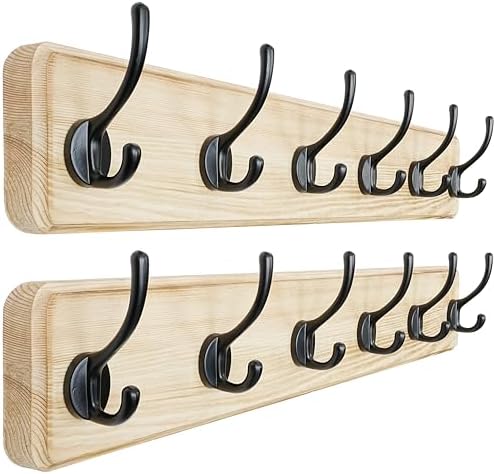 Dseap Coat Rack Wall: 24" Long, Patented, Heavy-Duty, 6-Double-Hooks Wooden Wall Mounted Coat Rack Coat Hanger Hook Rail for Winter Coats Hat Jacket Clothing, Light Brown, Pack of 2 by Dseap