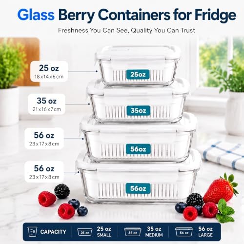 4 Pack Glass Berry storage containers for fridge with Removable Colander and Vent Valve, Fresh fruit Produce Storage Set（white） - Image 2