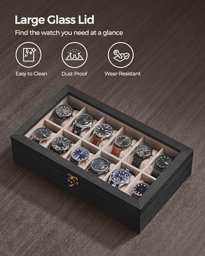 SONGMICS 12-Slot Wooden Watch Box, Display Case with Large Glass Lid - Image 6