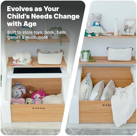 Step2 Harmony Toy Storage Box, Wood and Plastic, Shelves for Books, Toy Storage Bin with Chalkboard Lid and Clip, Easel and Toy Organizer in One, White - Image 4