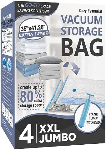 4 XXL Jumbo Vacuum Storage Bags for Bedding, Space Saver with Hand Pump by CozyEssential