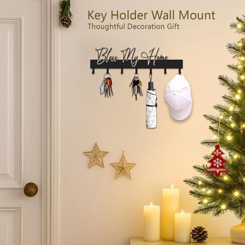 Exquisite Fashion Phrase Key Holder Wall Mount,Bless My Home Key Hooks for Wall Decoration,Black Metal Key Hanger with 7 Hooks for Entryway,Office,Living Room Decor - Image 4
