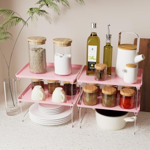 STARLATTA 2 Pcs Cabinet Organizer Shelf，Stackable Kitchen Counter Shelves, Spice Rack,Countertop Organizers，Pink Plastic Storage Shelves Rack for Makeup，Bathroom, Cupboard，Desk，Pantry Organization - Image 2