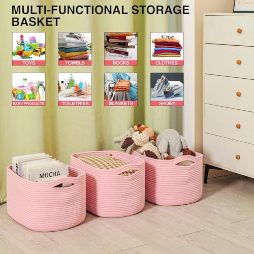 ICERZCZ Storage Baskets for Organizing Shelves, Pink Basket for Nursery, Woven Cotton Rope Baskets for Storage, Towel Basket for Bathroom, 15"x11"x9.5", 3 Packs, Light Pink - Image 4