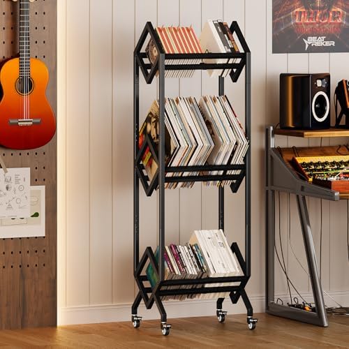 3 Tier Vinyl Record Storage Rack with Casters, Black Metal Record Holder - Image 7