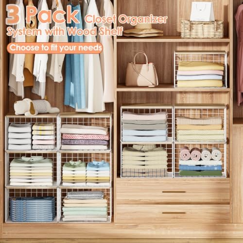 Extra-Long Closet Organizers and Storage with Top Board, 3 Pack Stackable Closet Shelf Organizer, Double Storage Design, Clothes Storage Cube/Bin/Basket for Wardrobe, Space-Saving, White,Sturdy,Metal - Image 2