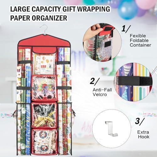 Christmas Wrapping Paper Organizer Storage, Hanging Gift Bag Storage Organizer, Double-Sided Wrapping Paper Holder Storage - Red - Image 6