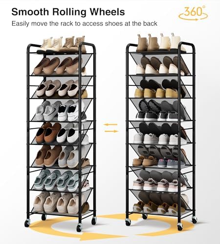 STO STO 8-Tier Narrow Shoe Rack with Lockable Wheels, Double-Sided Vinyl Mesh Shelf Shoe Organizer for Up to 30 Pairs, Slim Space Saving Metal Rolling Shoe Storage for Entryway, Closet, Hallway - Image 4
