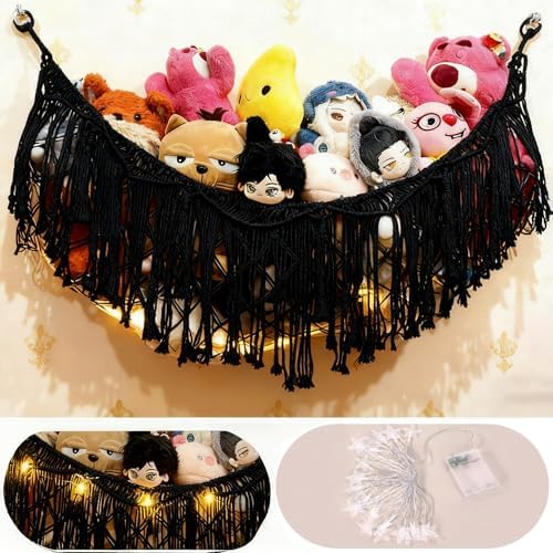Stuffed Animal Hammock or Net With LED Lights Extra Large Wall Hanging Stuffed Animal Storage Nets for Teddy Bear Handmade Macrame Hanging Toy Net Hammock for Stuffed Animal Storage (Black) - Image 2