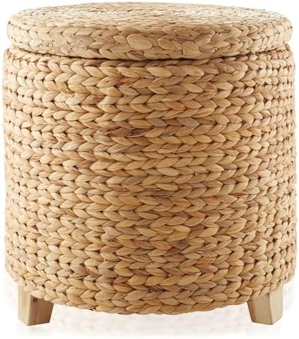 Casafield 17" Round Storage Ottoman with Lid - Natural, Handwoven Water Hyacinth Footstool for Living Room, Bedroom, Bathroom, Home Office - Image 4