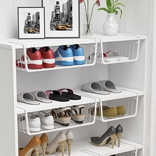 Under Shelf Storage Basket, Hanging Shelf Basket Slides Under Shelves for Storage Metal Under Cabinet Shelf Basket Organizer for Kitchen Pantry Desk Bookshelf (White Pack of 4) - Image 3