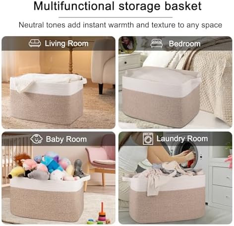 OIAHOMY Extra Large Blanket Basket, 95L Cotton Rope Woven Laundry Basket, Toy Bin for Baby Room, Container for Blanket Storage in Living Room, 24''×17''×14'', Brown & White - Image 6