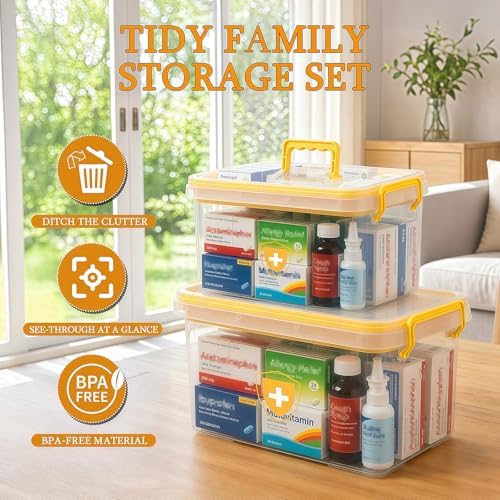 2 Pack Clear Medicine Organizer Box with Handle, Plastic Medicine Container with Tray First Aid Box Empty, Thickened Medicine Storage Organizer Multipurpose Medication Organizer Storage, Yellow - Image 5