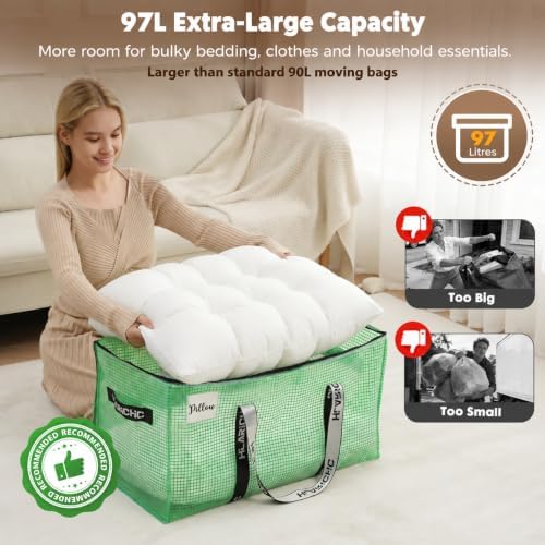 Heavy Duty Moving Bags 97L - Extra Large Storage Bags with Strong Zipper & Comfortable Handles, Packing Boxes for Moving House, College Dorm, 4 Pack, Clear, Virgin PE Material - Image 4
