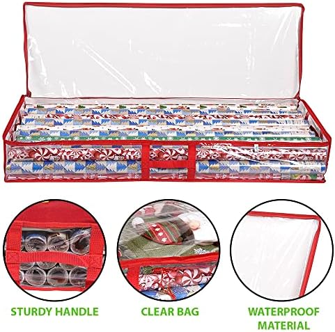 ProPik Wrapping Paper Storage Containers | Gift Wrap Organizer Under Bed | 41”x14”x6” | Box Holds 18-24 Rolls Up to 40” Long | Holder with Pockets for Ribbon, Bows and Accessories (2 Pack - Red) - Image 2