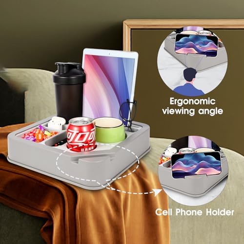 Couch Cup Holder Bed Caddy Couch Caddy Couch Tray Cup Holder for Couch,Couch Caddy with Cup Holder for Remote Phone Tablet Beverage Snack Gray. - Image 4