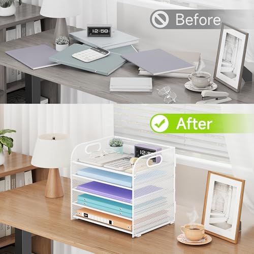 Cawukege 5 Tier Paper Organizer with Handle, White Metal Mesh Desk Organizer File Folder Paper Letter Tray Desktop Document Sorter for Classroom, School, Office Accessories Organization and Storage - Image 6