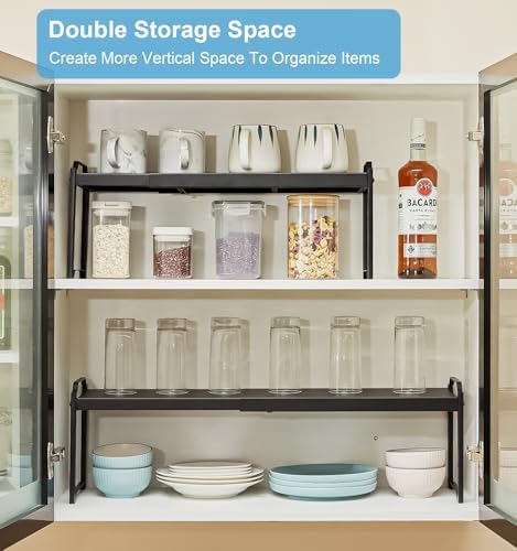 4 Pack Kitchen Cabinet Shelves Organizers, Kitchen Counter Storage Shelf Spice Rack, Expandable Length, Adjustable Height, Stackable, Sturdy 30LBS Bearing, Small Cupboard Tabletop Organizer Shelf Rack - Image 6