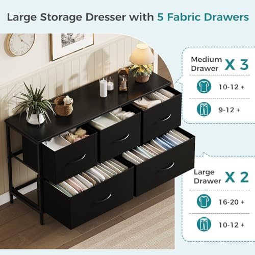 OLIXIS 5 Drawer Black Dresser for Bedroom, Closet Chest Organizer Furniture - Image 4