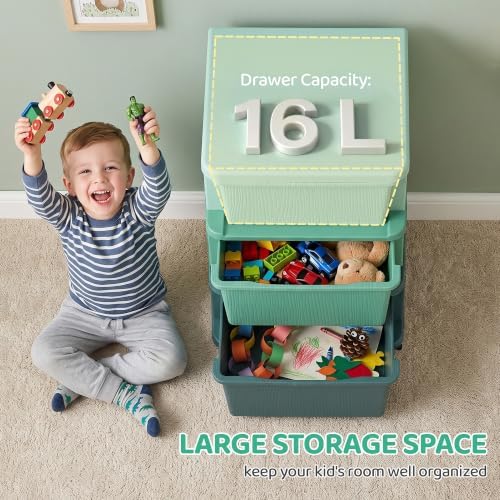 Qaba 3 Drawers Kids Storage Unit 3 Tier Toy Organizers Green - Image 4