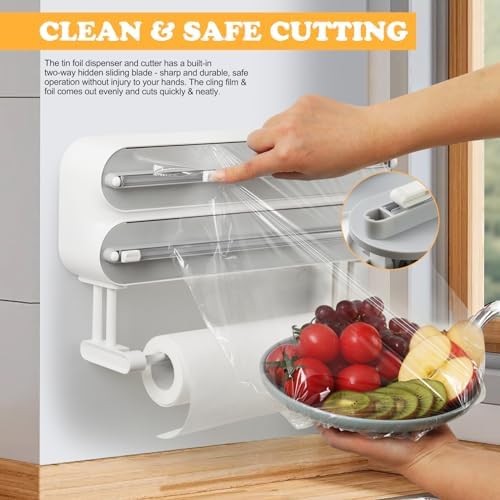 Magnetic Plastic Wrap Dispenser with Cutter - Refillable Aluminum Tin Foil and Plastic Wrap Organizer for Kitchen, Quasziwa Upgraded 3 in 1 Paper Towel Holder Wall Mount - Fits 12" Roll, White - Image 2