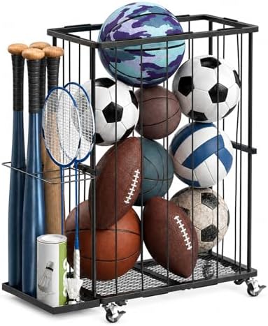 Ball Storage Rack with Side Bat Holder, Wheels, Garage Organizer by Unknown