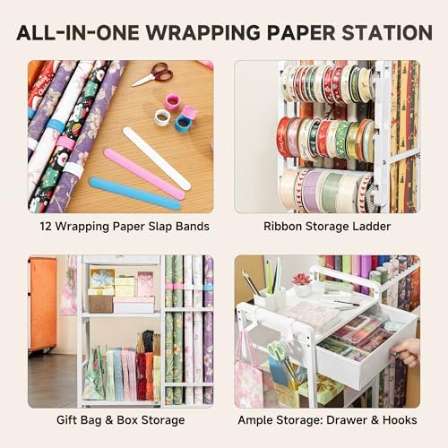 Aquzee Wrapping Paper Storage, Rolling Gift Wrap Station, 9 Adjustable Rod Design, Vertical Wrapping Paper Storage Cart, Ribbon Organizers and Gift Bag Storage, 12 PCS Slap Bands, White - Image 4