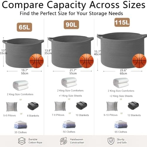 90L Extra Large Blanket Basket,Woven Rope Laundry Basket-Dark Grey - Image 2