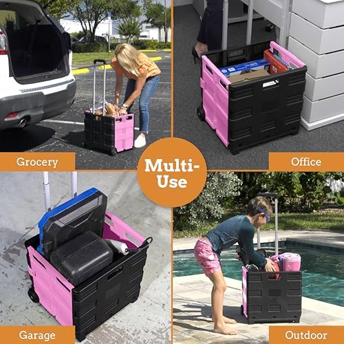 Inspired Living Ultra-Slim Rolling Collapsible Storage Pack-N-Roll Utility-carts, with Telescopic Handle, for Home, Garden, Shopping, Office, School use, Large, Pink & Black - Image 5
