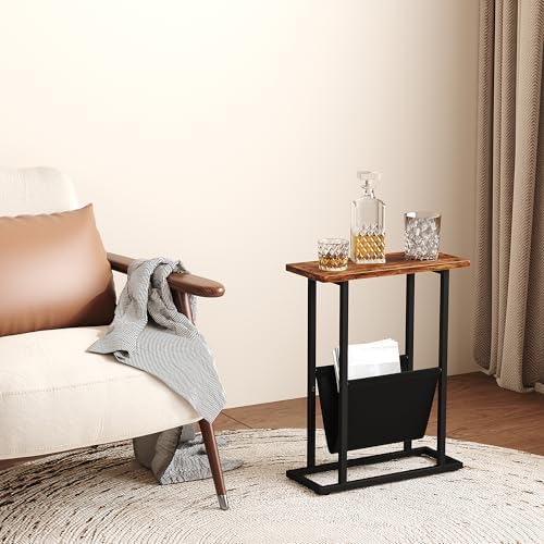 Yusong Narrow Side Table for Small Spaces, Small End Table with Magazine Holder, Skinny Slim Little Thin Table for Living Room, Bedroom, Sofa, Rustic Brown - Image 2