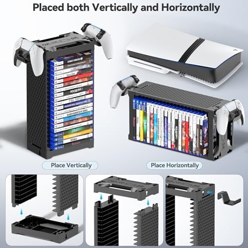 Video Game Storage Tower Holder with Controller Stand, Wall Mount Game Organizers and Storage for Nintendo Switch 2/ PS5/4/ XboxOne/Series, Vertical & Horizontal Stand for 20 Gaming Discs Accessories - Image 3