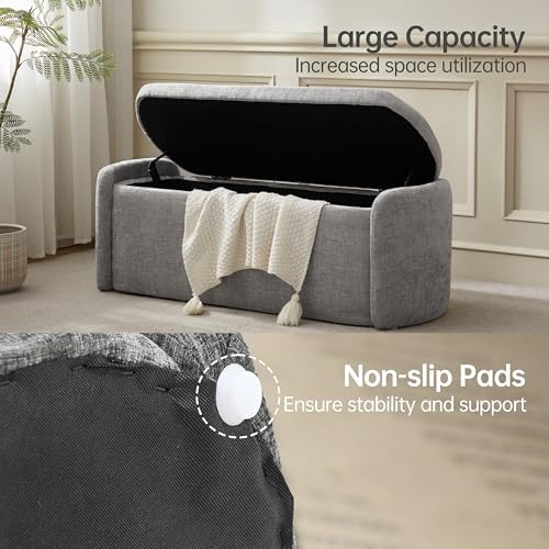 VKNOW 46" Oval Storage Ottoman Bench, Upholstered End of Bed Bench Ottomans Bench Foot Rest, Sherpa Storage Bench for Bedroom, Living Room and Hallway, Light Grey - Image 6