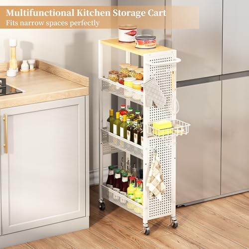 Slim Storage Rolling Cart: 4-Tier Narrow Metal & Wood Utility Cart with Wheels for Kitchen/Laundry/Bathroom(White) - Image 3