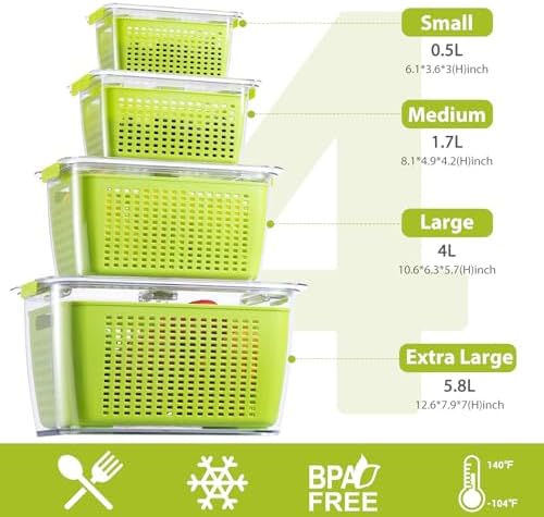LUXEAR Fruit Vegetable Storage Container, 4 Pack Fresh Containers for Fridge with Lids BPA-Free Produce Refrigerator Organizer for Fruit, Veggie, Berry, Meat Storage Keep Fresh Longer-Green - Image 2