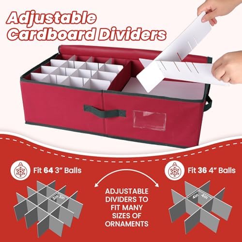 BlessedSeason Christmas Ornament Storage Box with Adjustable Dividers, Cube Storage Containers Organizer *2, Stackable Storage Bins Fit Balls (36 PCS 4’’ & 64 PCS 3”) Dual Zipper, Handles, Visual Slot - Image 4