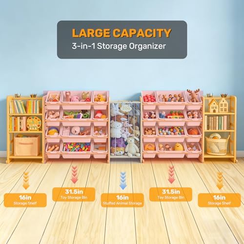 114" Large Toy Storage Organizer with Bins Shelves & Stuffed Animal Storage for Kids Wood Toddler Playroom Organization with Bookshelf Toys Box Wooden Organizers for Kids Room Nursery Bedroom - Image 3