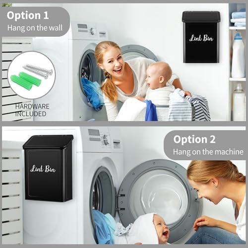 Metal Magnetic Lint Bin for Laundry Room, Wall Mounted Laundry Lint Bin with Lid & Lint Brush, Modern Farmhouse Laundry Room Decor - Image 2