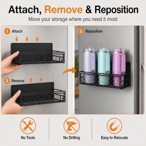 2 Pack Magnetic Cup Holder Heavy Duty, 6 Cup Mesh Water Bottle Storage Organizer with 8 Side Utility Hooks for Stanley Yeti Tumbler Cups, Side of Fridge Rack for Kitchen, Garage, Pantry, RV - Black - Image 7