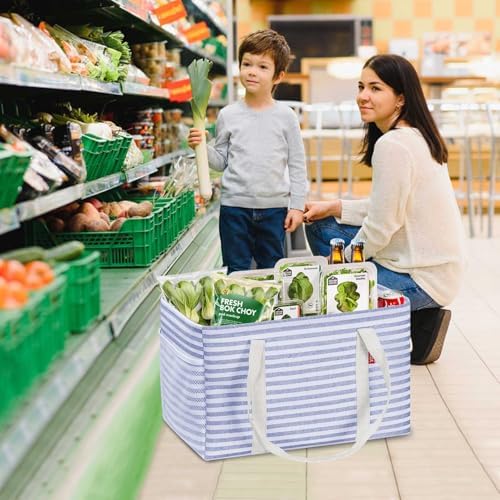 LHZK Standing Utility Tote Bag with Metal Wire Frame and the Sides Rinforced, Large Tote Bag with Handle, Reusable Grocery Bags Foldable, Beach Bag, Car Tote (Blue, 18.5''x11.8''x11.5'') - Image 2