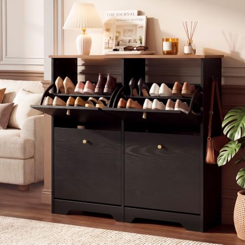 Nicetree 4 Flip‑Drawer Shoe Cabinet,Walnut Top,9.5" Deep,Light Black by Nicetree