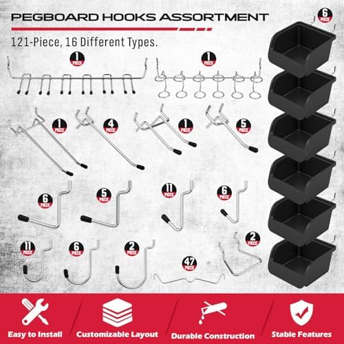 Ultimate 121-Piece Pegboard Hooks Set, Pegboard Accessories with Metal Hooks, Durable Peg Board Organizer Accessories, Pegboard Bins, Peg Board Tool Utility Hooks - Image 2