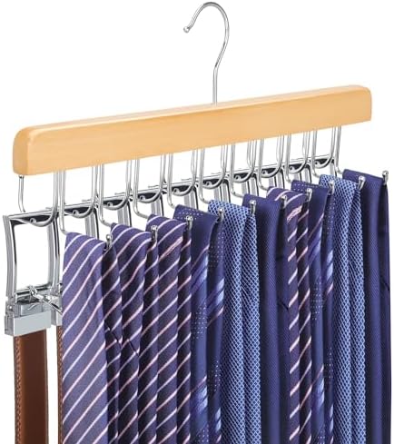 TOPIA HANGER 2 in 1 Belt Tie Hanger for Closet Max 30 Belts with 30 Ties Capacity, 20 Hooks Belt Tie Racks Wooden Hanger for Closet Organizer Storage Space Saving “U” Fit Belt and “一” Fit Tie - CT47N by TOPIAHANGER