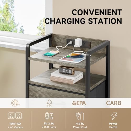 Lazzanto Nightstand with Rear Charging Station, LED Light, 3 Drawers, Grey - Image 5