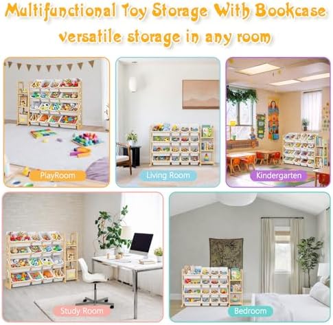 Kids Toy Storage Organizer with Bookshelf – Wooden Shelf with 16 Bins & 3 Shelves, Quick Assembly Storage Rack for Playroom, Bedroom, Nursery - White - Image 6