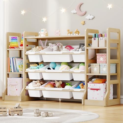 Toy Storage Organizer with 6 Bookshelf and 9 Bins, Solid Wood by HOMETUK