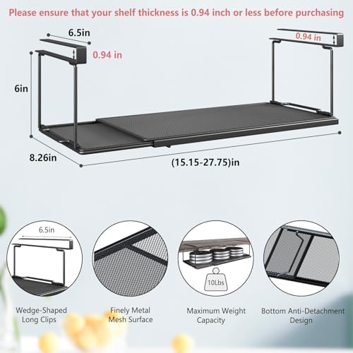 Expandable Under Cabinet Shelf, Extendable Under Shelf Storage with 0.94 Inches Thick Clips for Shoe Rack, Pantry Cabinet, Laundry Room. (Black, 1 Pack, Interior: 6" H x 8.26" D) - Image 3